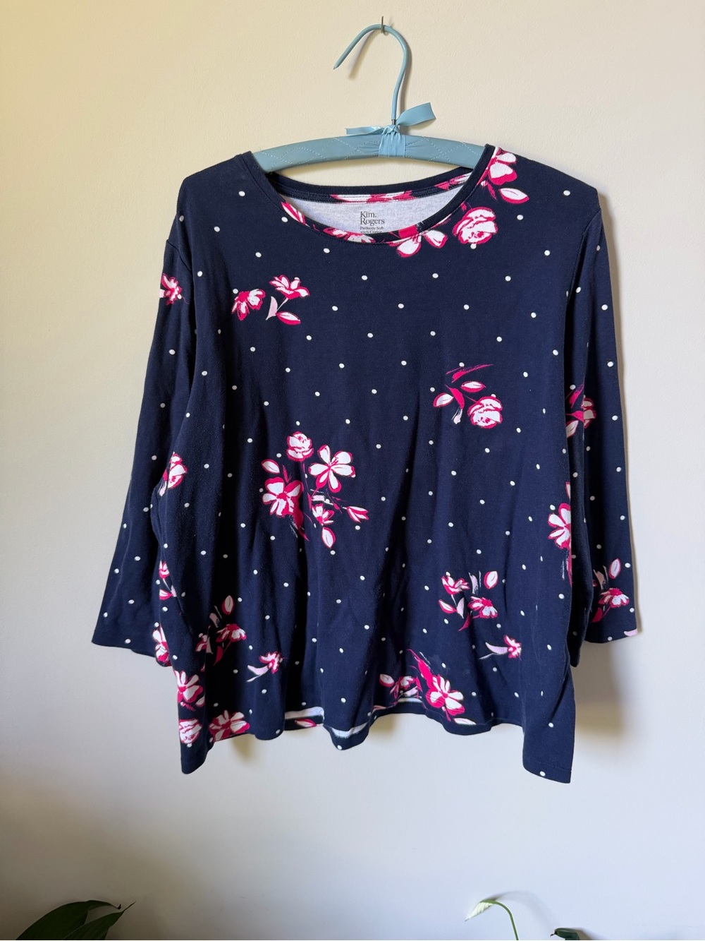 Kim Rogers Navy Floral Dot 3/4 Sleeve Top